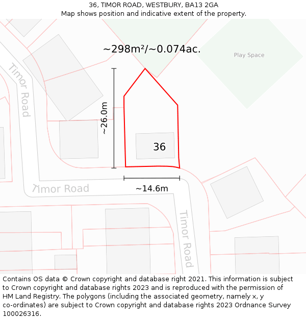 36, TIMOR ROAD, WESTBURY, BA13 2GA: Plot and title map