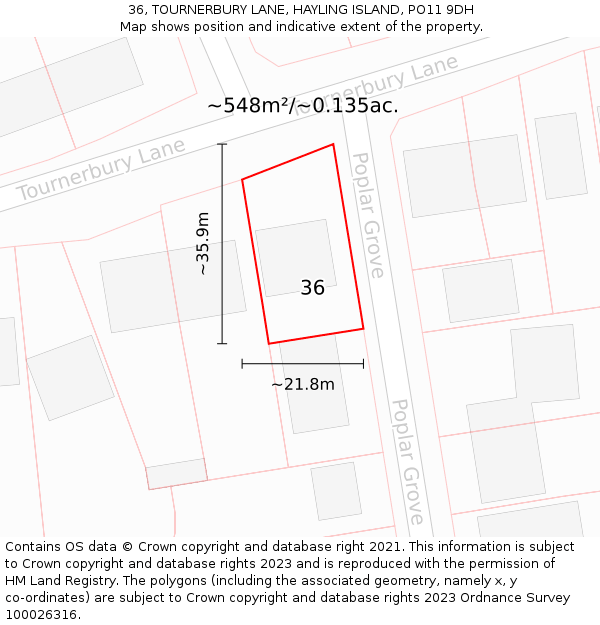 36, TOURNERBURY LANE, HAYLING ISLAND, PO11 9DH: Plot and title map