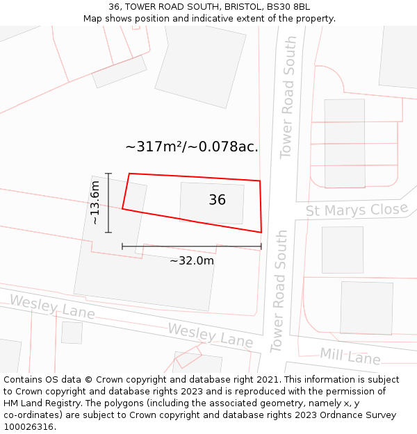 36, TOWER ROAD SOUTH, BRISTOL, BS30 8BL: Plot and title map
