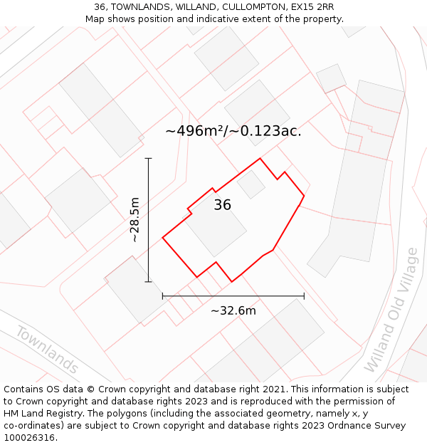 36, TOWNLANDS, WILLAND, CULLOMPTON, EX15 2RR: Plot and title map