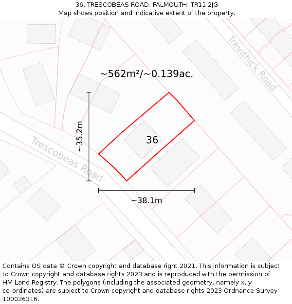 36, TRESCOBEAS ROAD, FALMOUTH, TR11 2JG: Plot and title map