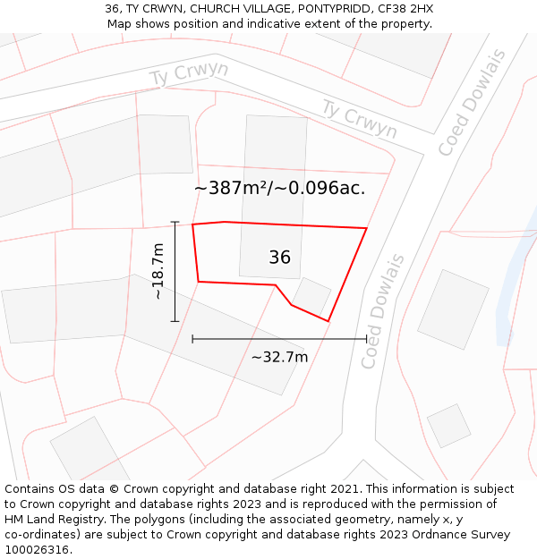 36, TY CRWYN, CHURCH VILLAGE, PONTYPRIDD, CF38 2HX: Plot and title map