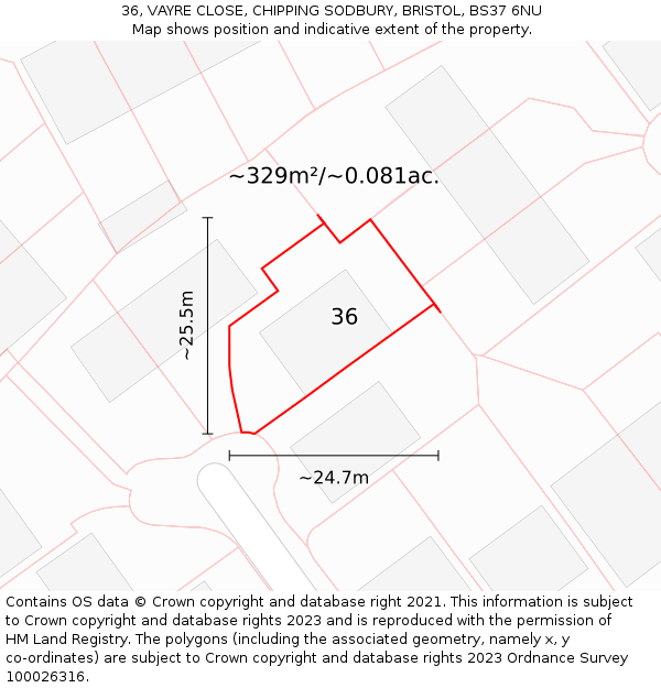 36, VAYRE CLOSE, CHIPPING SODBURY, BRISTOL, BS37 6NU: Plot and title map