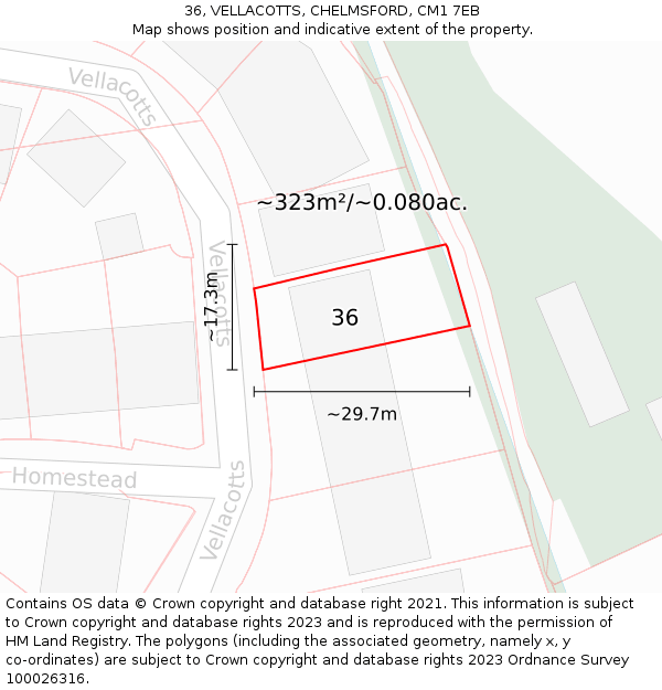 36, VELLACOTTS, CHELMSFORD, CM1 7EB: Plot and title map