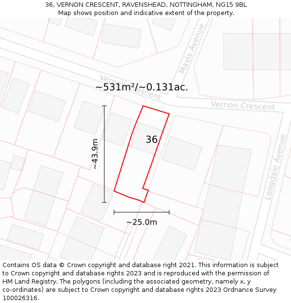 36, VERNON CRESCENT, RAVENSHEAD, NOTTINGHAM, NG15 9BL: Plot and title map