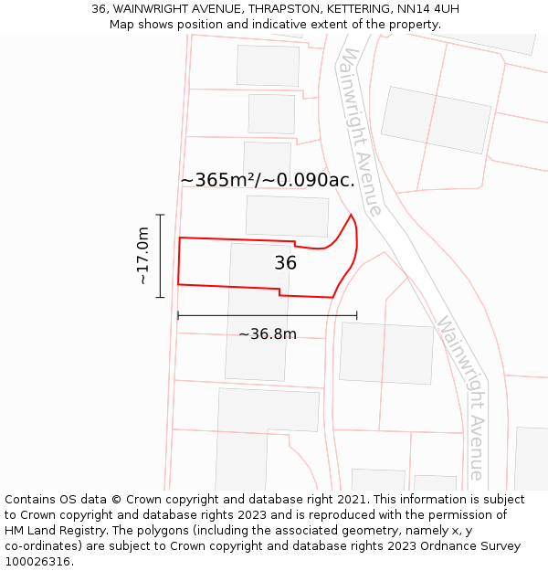 36, WAINWRIGHT AVENUE, THRAPSTON, KETTERING, NN14 4UH: Plot and title map
