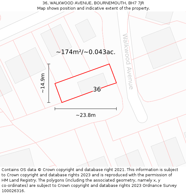 36, WALKWOOD AVENUE, BOURNEMOUTH, BH7 7JR: Plot and title map