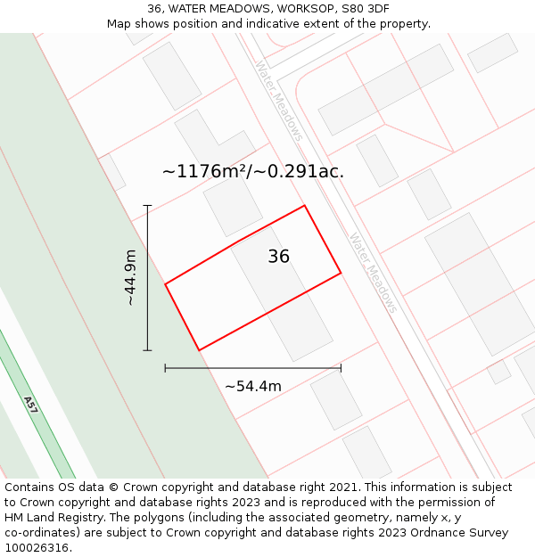 36, WATER MEADOWS, WORKSOP, S80 3DF: Plot and title map