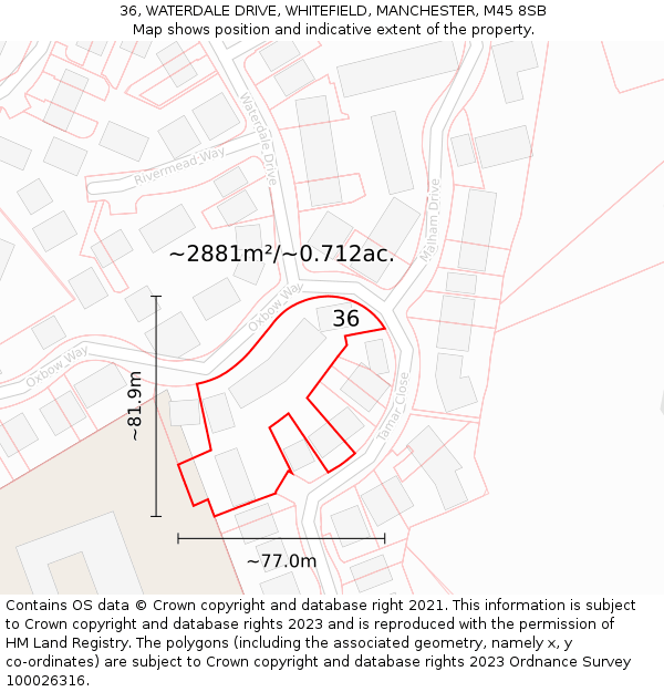 36, WATERDALE DRIVE, WHITEFIELD, MANCHESTER, M45 8SB: Plot and title map