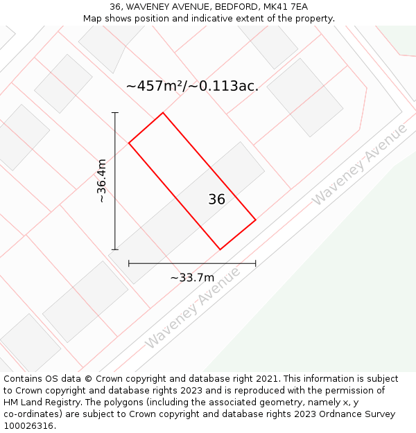 36, WAVENEY AVENUE, BEDFORD, MK41 7EA: Plot and title map