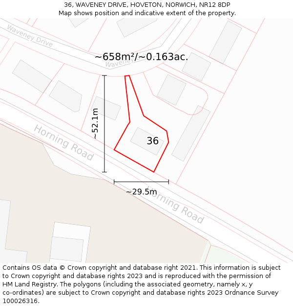 36, WAVENEY DRIVE, HOVETON, NORWICH, NR12 8DP: Plot and title map