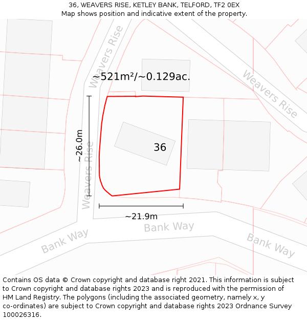 36, WEAVERS RISE, KETLEY BANK, TELFORD, TF2 0EX: Plot and title map