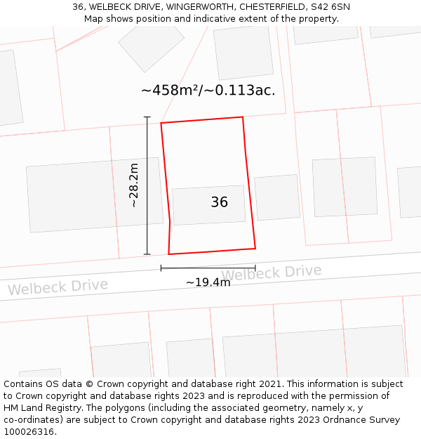 36, WELBECK DRIVE, WINGERWORTH, CHESTERFIELD, S42 6SN: Plot and title map