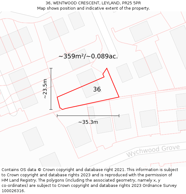 36, WENTWOOD CRESCENT, LEYLAND, PR25 5PR: Plot and title map