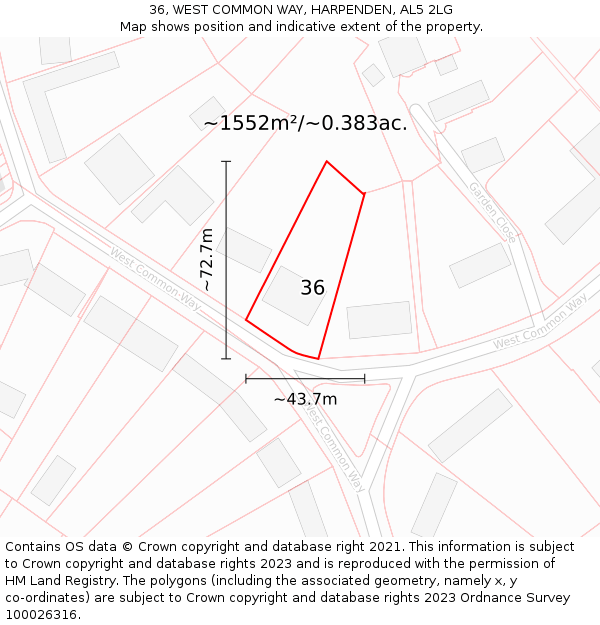 36, WEST COMMON WAY, HARPENDEN, AL5 2LG: Plot and title map