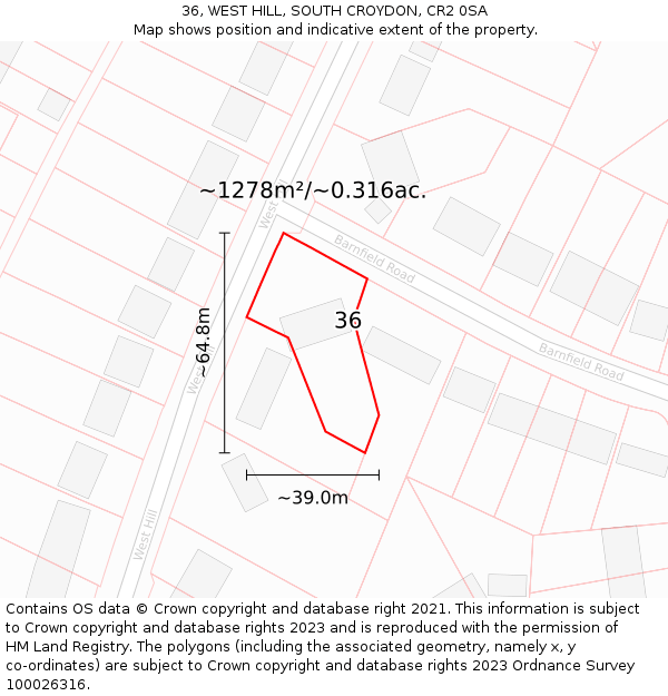 36, WEST HILL, SOUTH CROYDON, CR2 0SA: Plot and title map