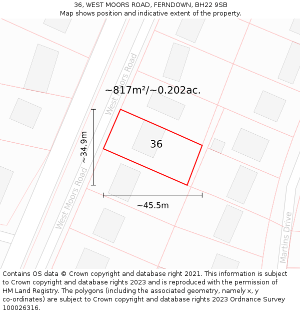 36, WEST MOORS ROAD, FERNDOWN, BH22 9SB: Plot and title map