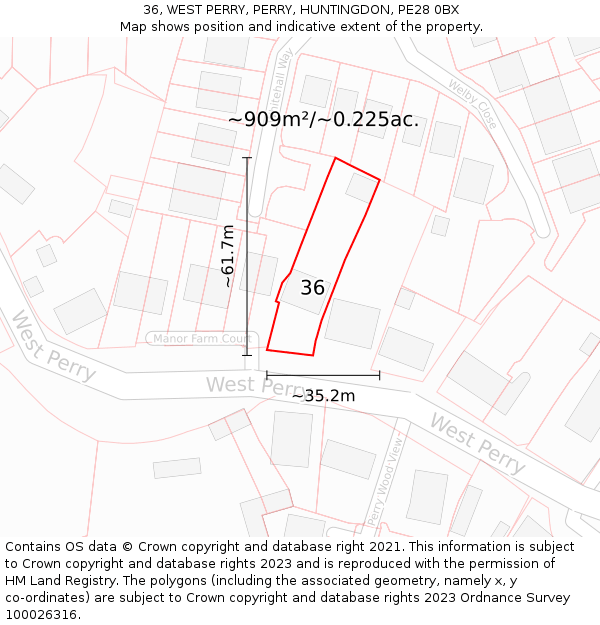 36, WEST PERRY, PERRY, HUNTINGDON, PE28 0BX: Plot and title map