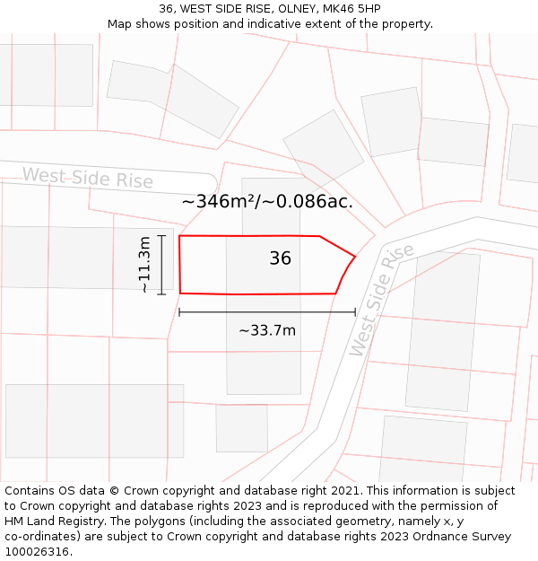 36, WEST SIDE RISE, OLNEY, MK46 5HP: Plot and title map