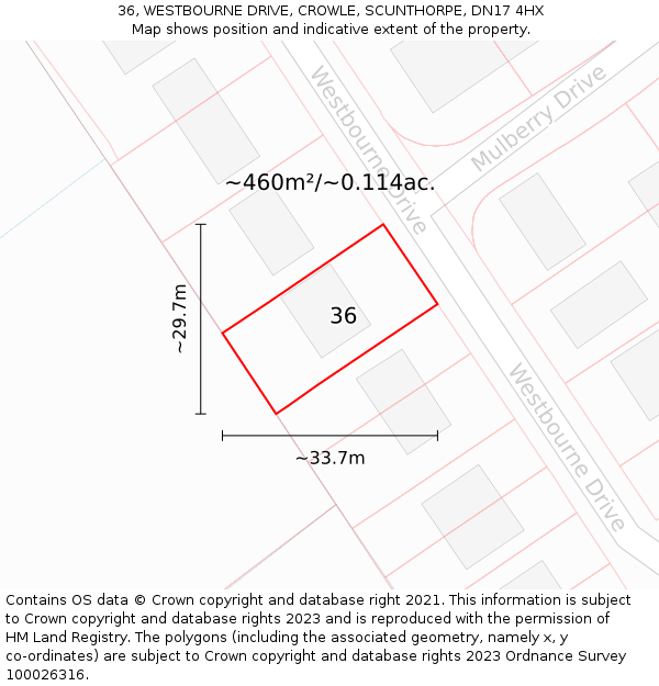 36, WESTBOURNE DRIVE, CROWLE, SCUNTHORPE, DN17 4HX: Plot and title map