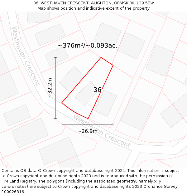 36, WESTHAVEN CRESCENT, AUGHTON, ORMSKIRK, L39 5BW: Plot and title map