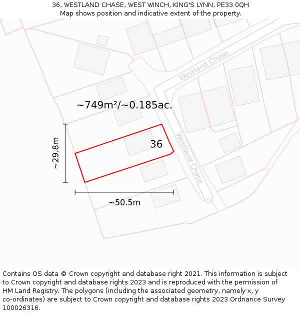 36, WESTLAND CHASE, WEST WINCH, KING'S LYNN, PE33 0QH: Plot and title map