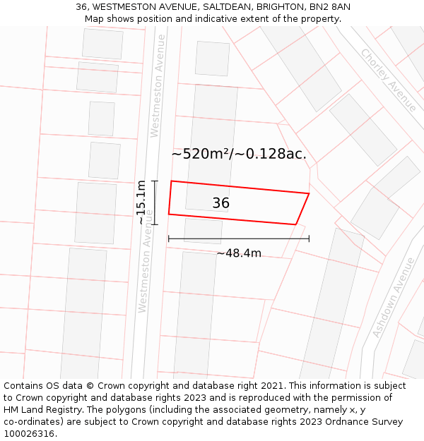 36, WESTMESTON AVENUE, SALTDEAN, BRIGHTON, BN2 8AN: Plot and title map