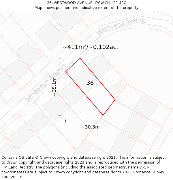 36, WESTWOOD AVENUE, IPSWICH, IP1 4EQ: Plot and title map