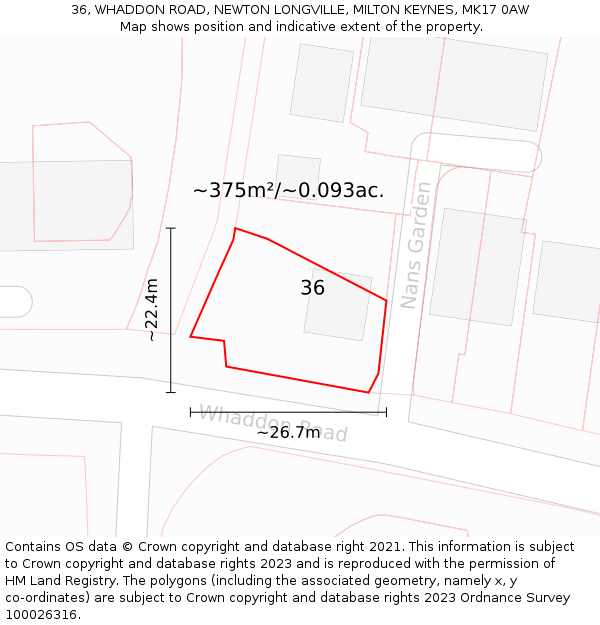 36, WHADDON ROAD, NEWTON LONGVILLE, MILTON KEYNES, MK17 0AW: Plot and title map