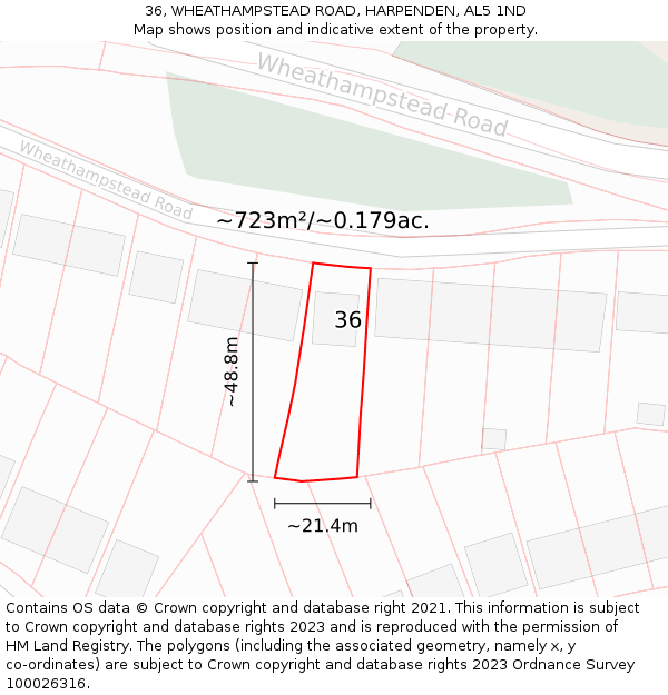 36, WHEATHAMPSTEAD ROAD, HARPENDEN, AL5 1ND: Plot and title map