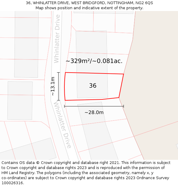 36, WHINLATTER DRIVE, WEST BRIDGFORD, NOTTINGHAM, NG2 6QS: Plot and title map