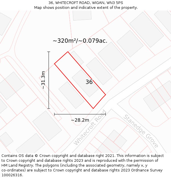 36, WHITECROFT ROAD, WIGAN, WN3 5PS: Plot and title map