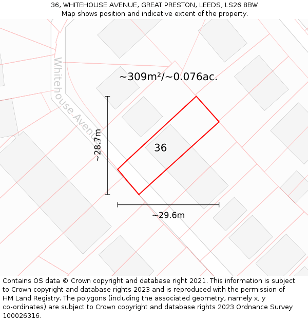 36, WHITEHOUSE AVENUE, GREAT PRESTON, LEEDS, LS26 8BW: Plot and title map