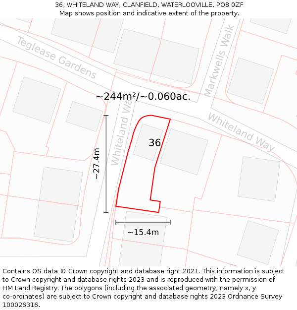 36, WHITELAND WAY, CLANFIELD, WATERLOOVILLE, PO8 0ZF: Plot and title map