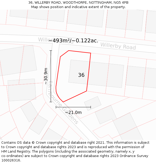 36, WILLERBY ROAD, WOODTHORPE, NOTTINGHAM, NG5 4PB: Plot and title map