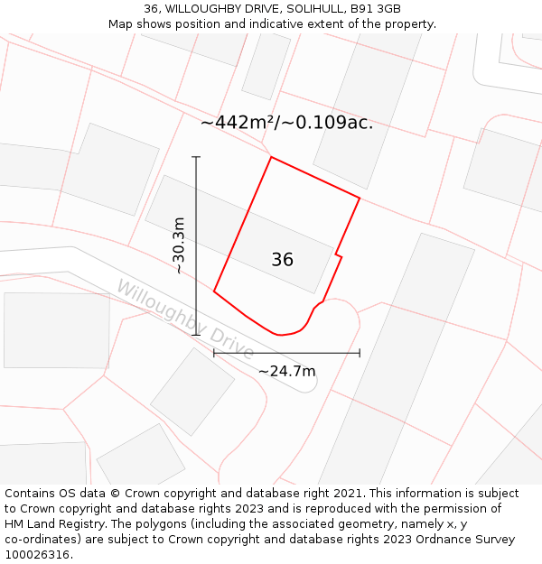 36, WILLOUGHBY DRIVE, SOLIHULL, B91 3GB: Plot and title map