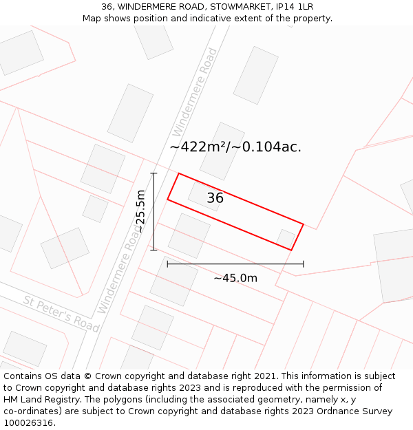 36, WINDERMERE ROAD, STOWMARKET, IP14 1LR: Plot and title map