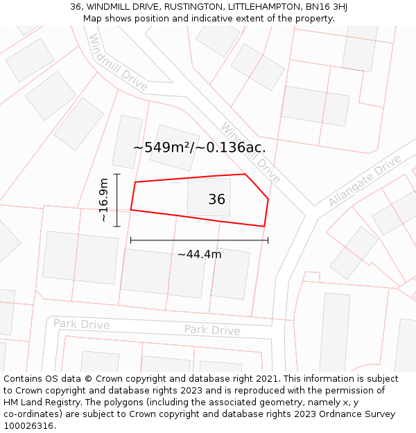 36, WINDMILL DRIVE, RUSTINGTON, LITTLEHAMPTON, BN16 3HJ: Plot and title map