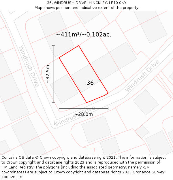 36, WINDRUSH DRIVE, HINCKLEY, LE10 0NY: Plot and title map