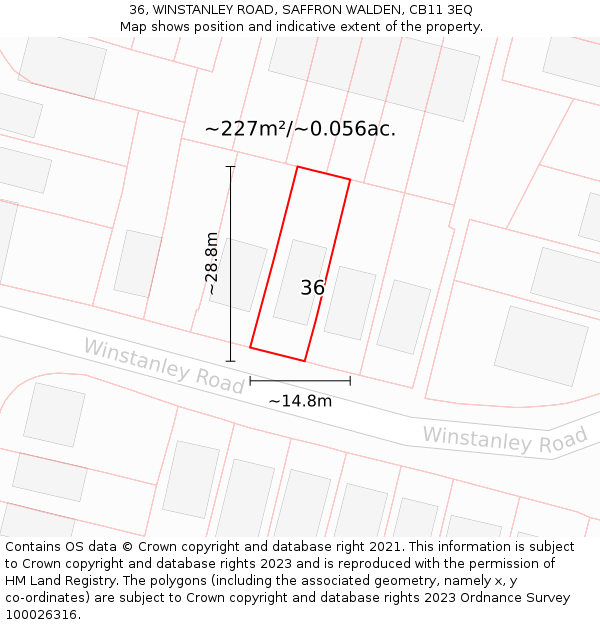 36, WINSTANLEY ROAD, SAFFRON WALDEN, CB11 3EQ: Plot and title map