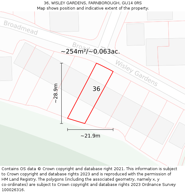 36, WISLEY GARDENS, FARNBOROUGH, GU14 0RS: Plot and title map