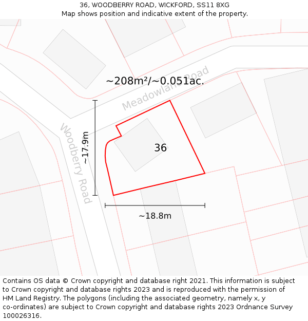 36, WOODBERRY ROAD, WICKFORD, SS11 8XG: Plot and title map