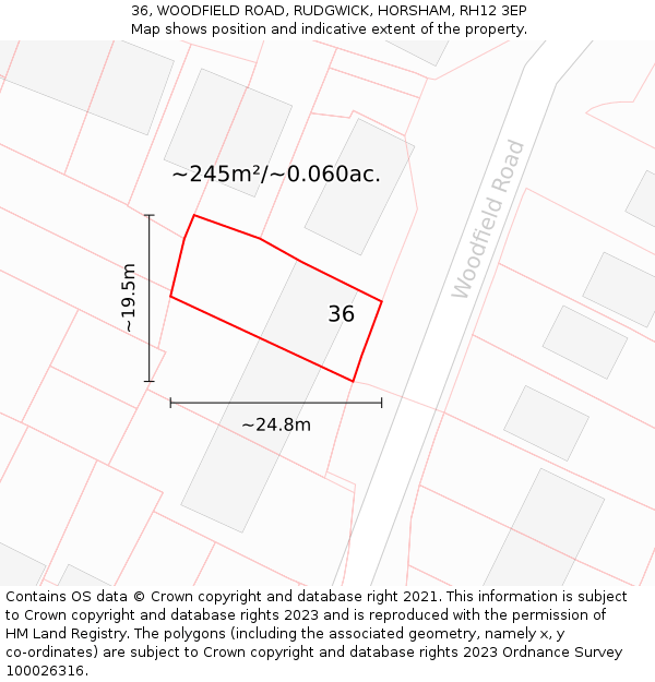 36, WOODFIELD ROAD, RUDGWICK, HORSHAM, RH12 3EP: Plot and title map