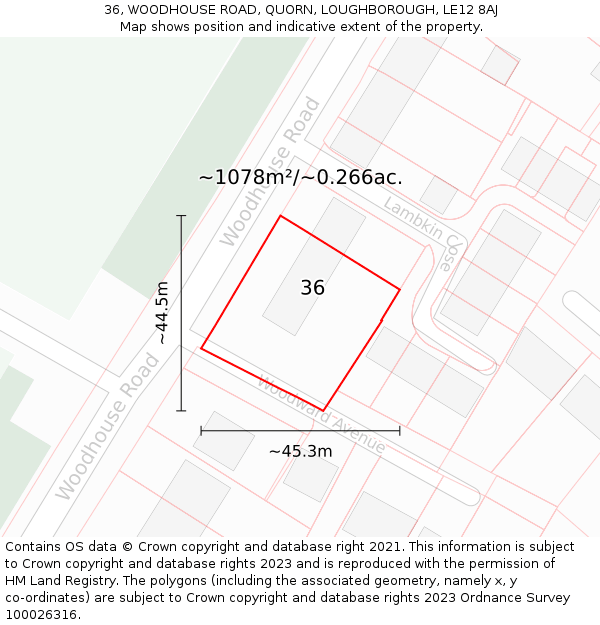 36, WOODHOUSE ROAD, QUORN, LOUGHBOROUGH, LE12 8AJ: Plot and title map