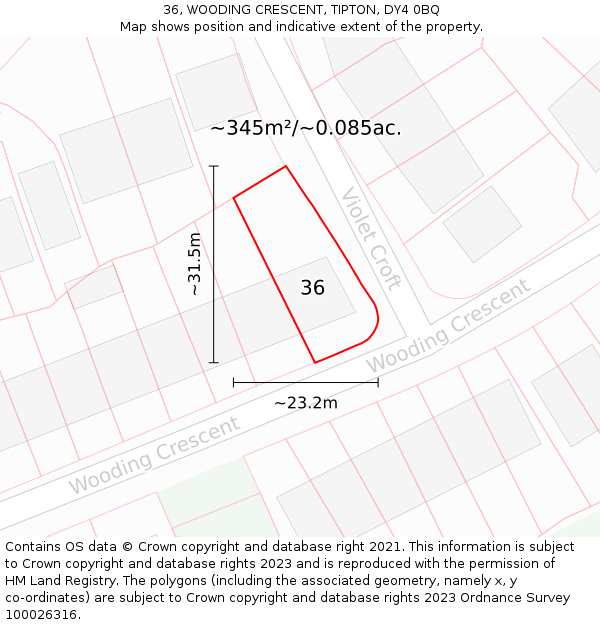 36, WOODING CRESCENT, TIPTON, DY4 0BQ: Plot and title map