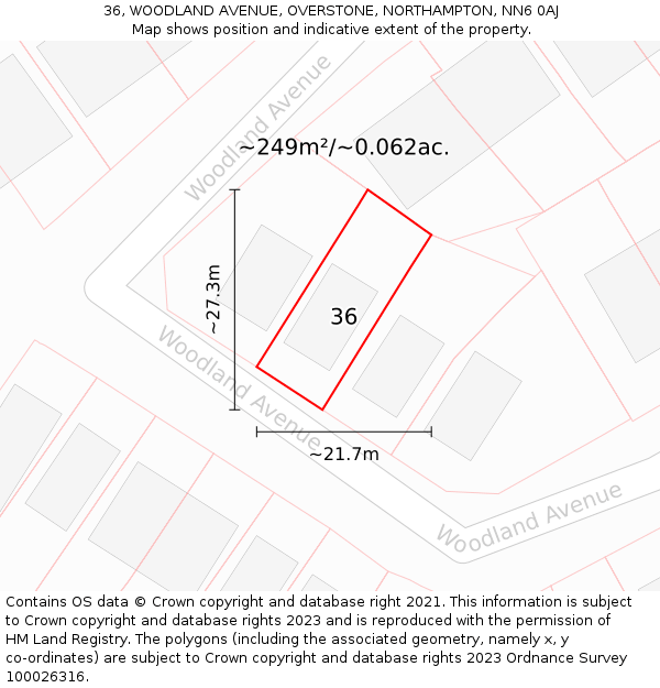 36, WOODLAND AVENUE, OVERSTONE, NORTHAMPTON, NN6 0AJ: Plot and title map