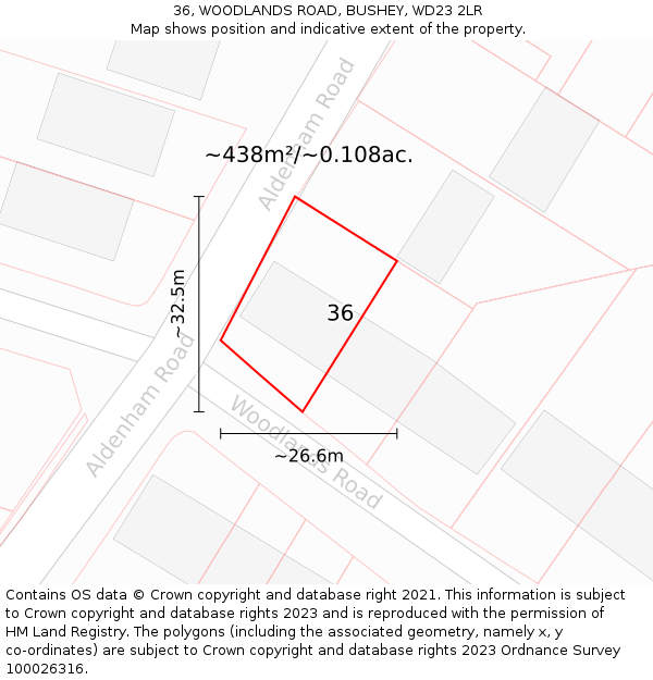 36, WOODLANDS ROAD, BUSHEY, WD23 2LR: Plot and title map