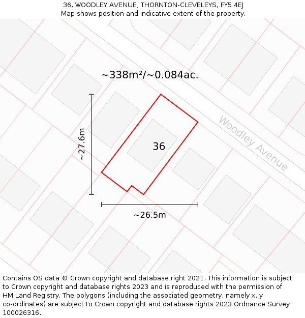 36, WOODLEY AVENUE, THORNTON-CLEVELEYS, FY5 4EJ: Plot and title map