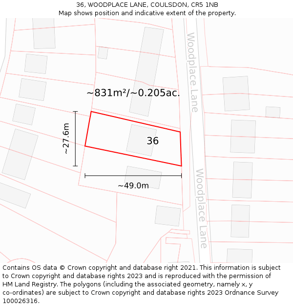 36, WOODPLACE LANE, COULSDON, CR5 1NB: Plot and title map