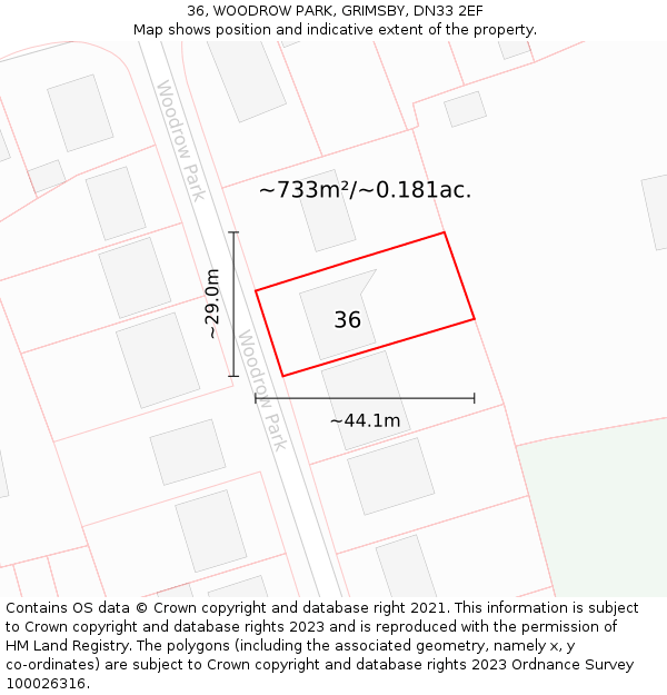 36, WOODROW PARK, GRIMSBY, DN33 2EF: Plot and title map